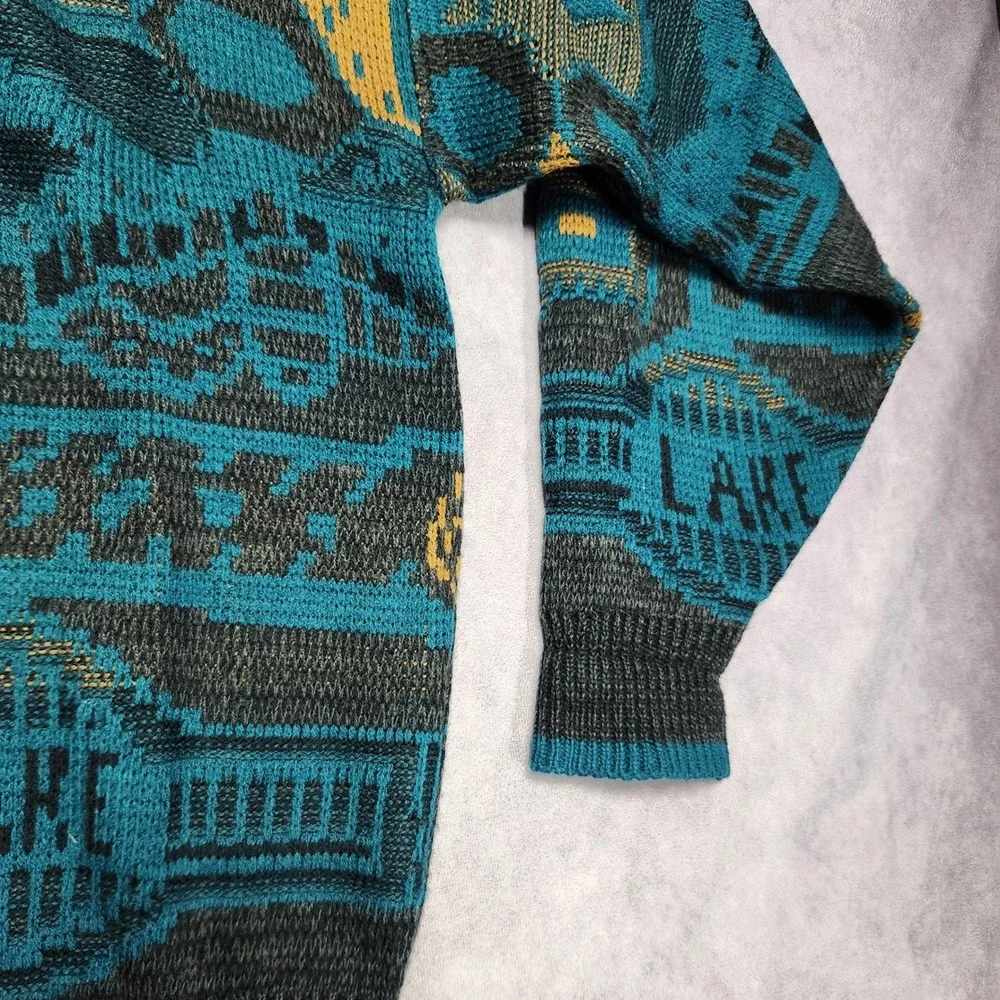 Saturdays Mens Vintage Teal Black Gold Geometric Pattern Knit Sweater size Large
